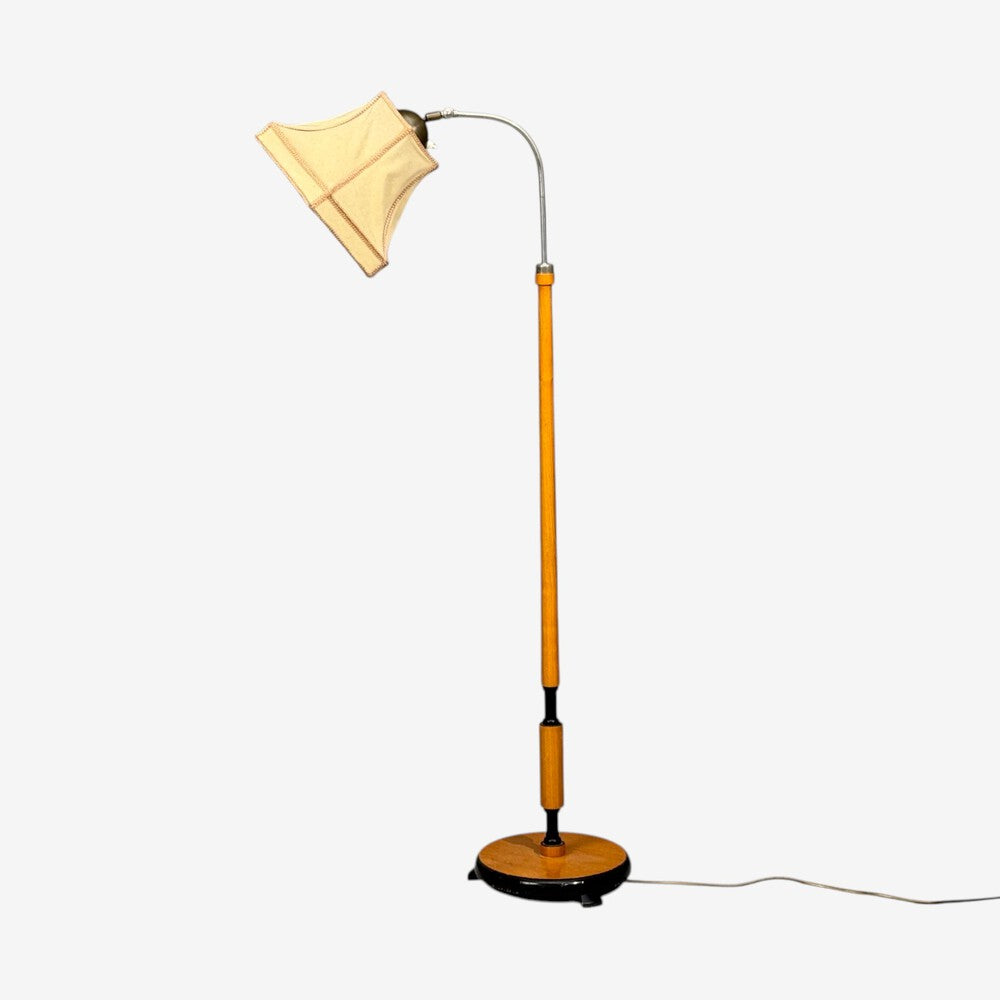 Swedish Modern, Floor Lamp, Oak, Ebonized Wood, Suede, Sweden, 1950s