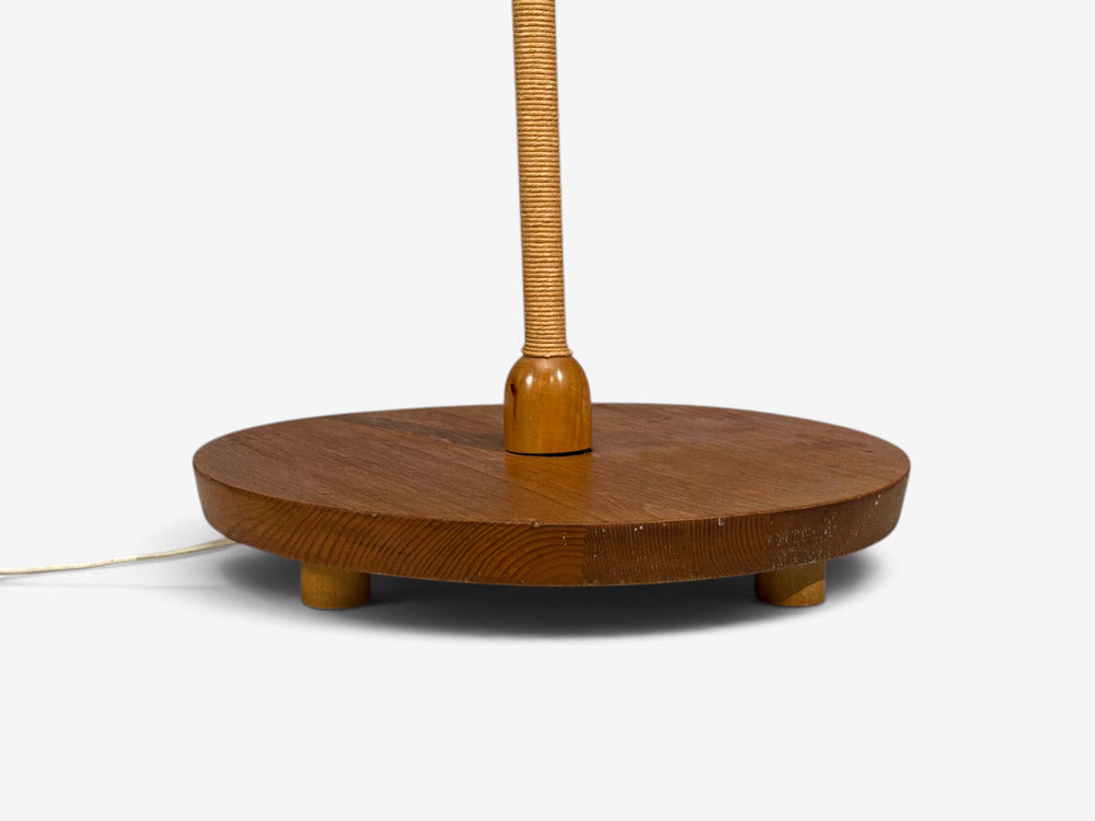 Swedish Modern, Floor Lamp, Elm, Brass, Cord, Beige Fabric, Sweden, 1940s