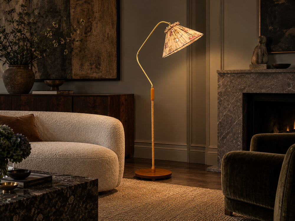 Swedish Modern, Floor Lamp, Elm, Brass, Cord, Beige Fabric, Sweden, 1940s