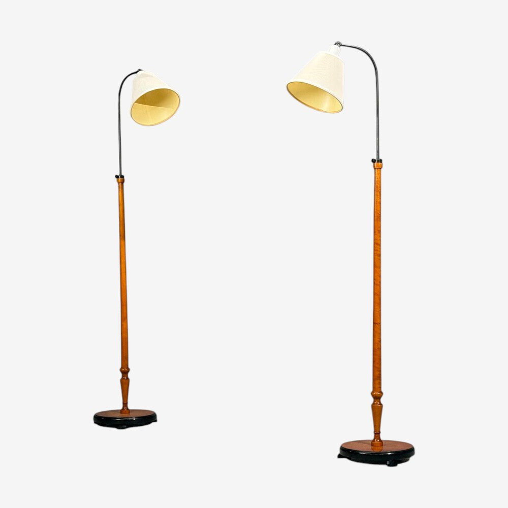 Swedish Modern, Floor Lamps, Burl, Ebonized Wood, Fabric, Sweden, 1940s