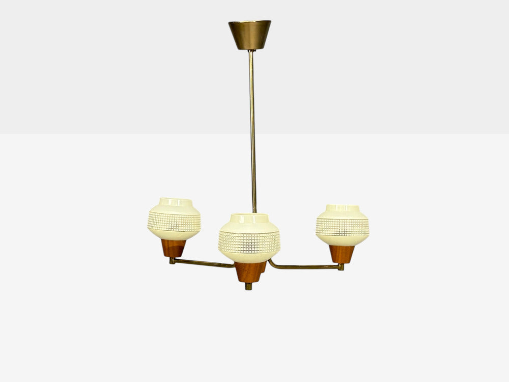Swedish Modern, Pendant Light, Brass Teak, Textured Glass, Sweden, 1950s