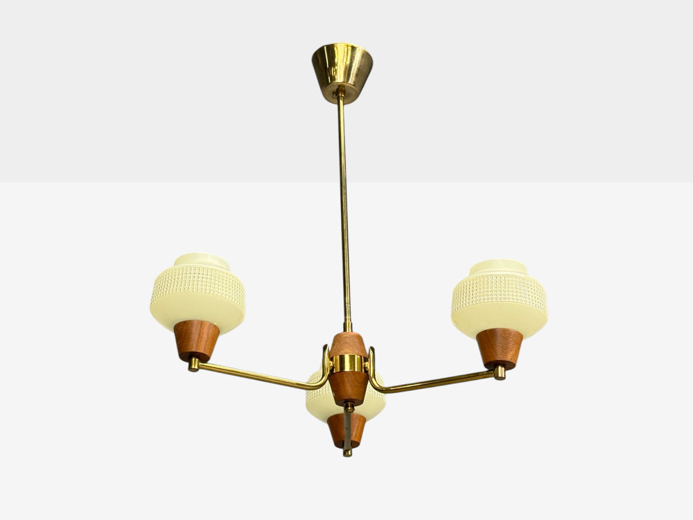 Swedish Modern, Pendant Light, Brass Teak, Textured Glass, Sweden, 1950s
