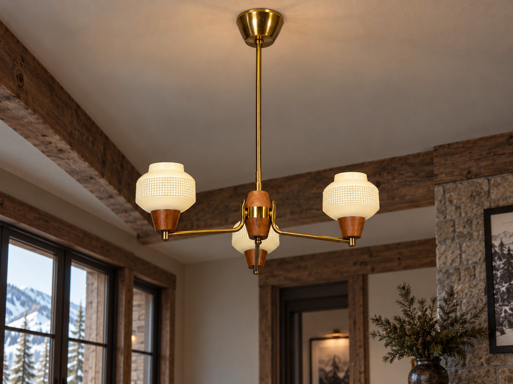 Swedish Modern, Pendant Light, Brass Teak, Textured Glass, Sweden, 1950s