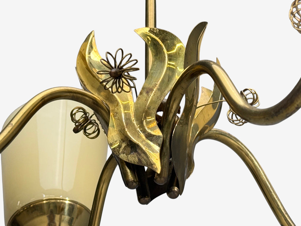 Itsu Oy, Finnish Modern, Chandelier, Brass, Opal Glass, Finland, 1950s