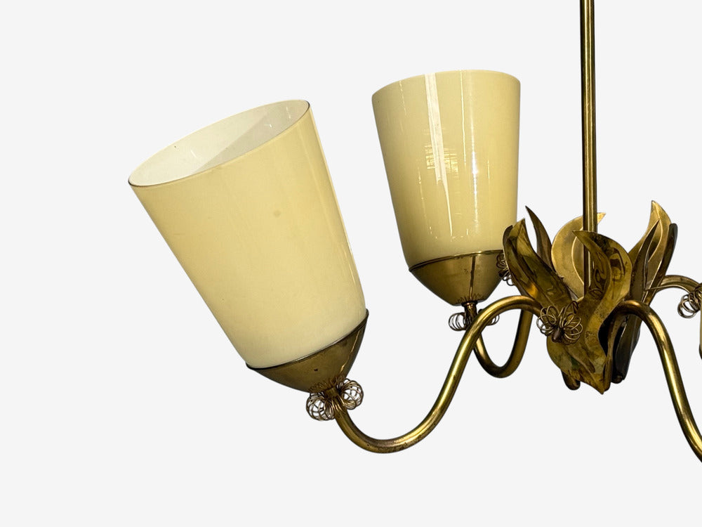 Itsu Oy, Finnish Modern, Chandelier, Brass, Opal Glass, Finland, 1950s