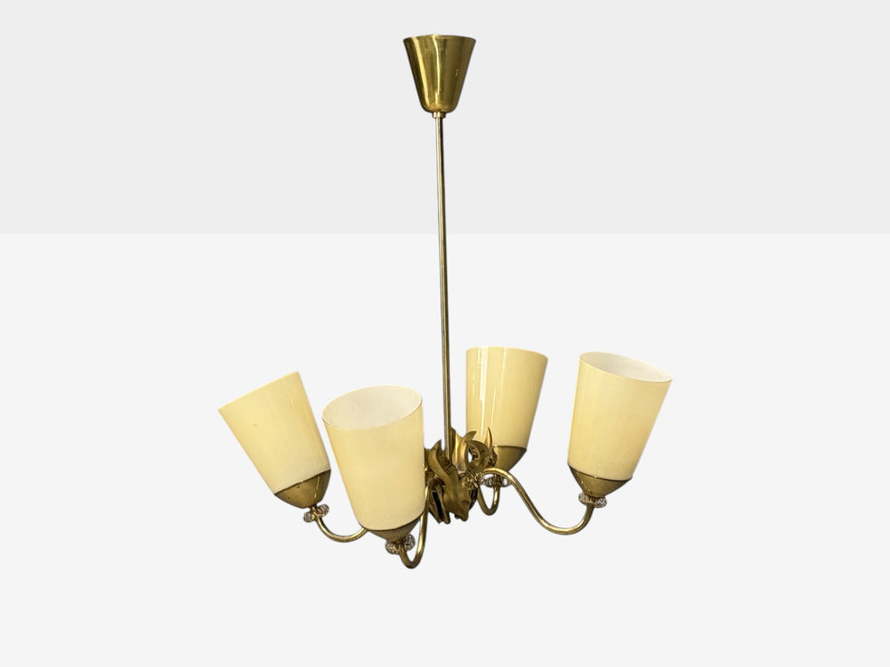 Itsu Oy, Finnish Modern, Chandelier, Brass, Opal Glass, Finland, 1950s