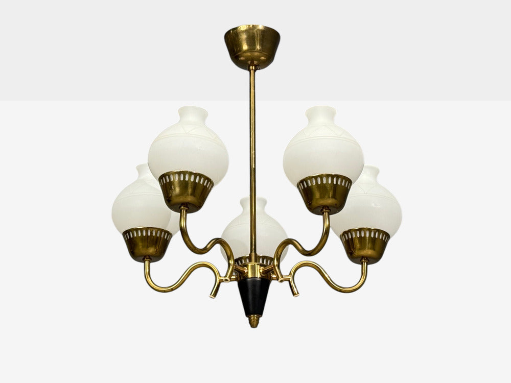 Danish Modern, Pendant Light, Brass, Etched Glass, Denmark, 1950s