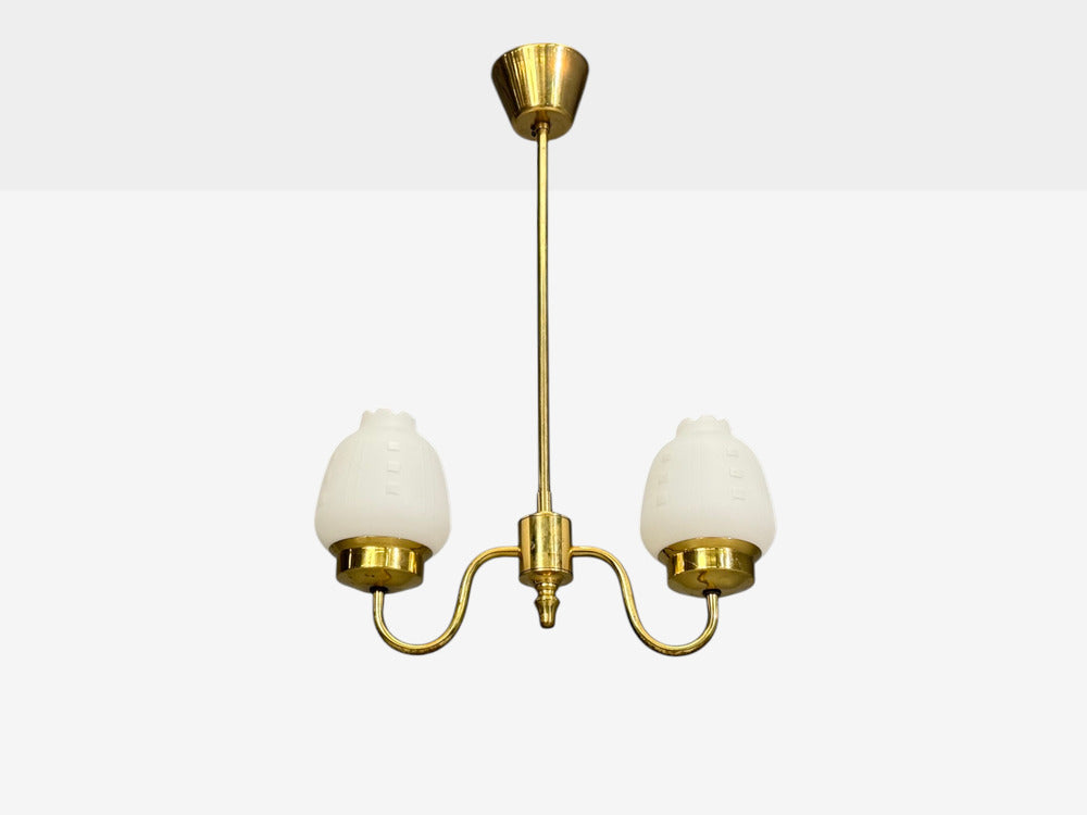 Swedish Modern, Pendant Light, Etched Opal Glass, Brass, Sweden, 1950s