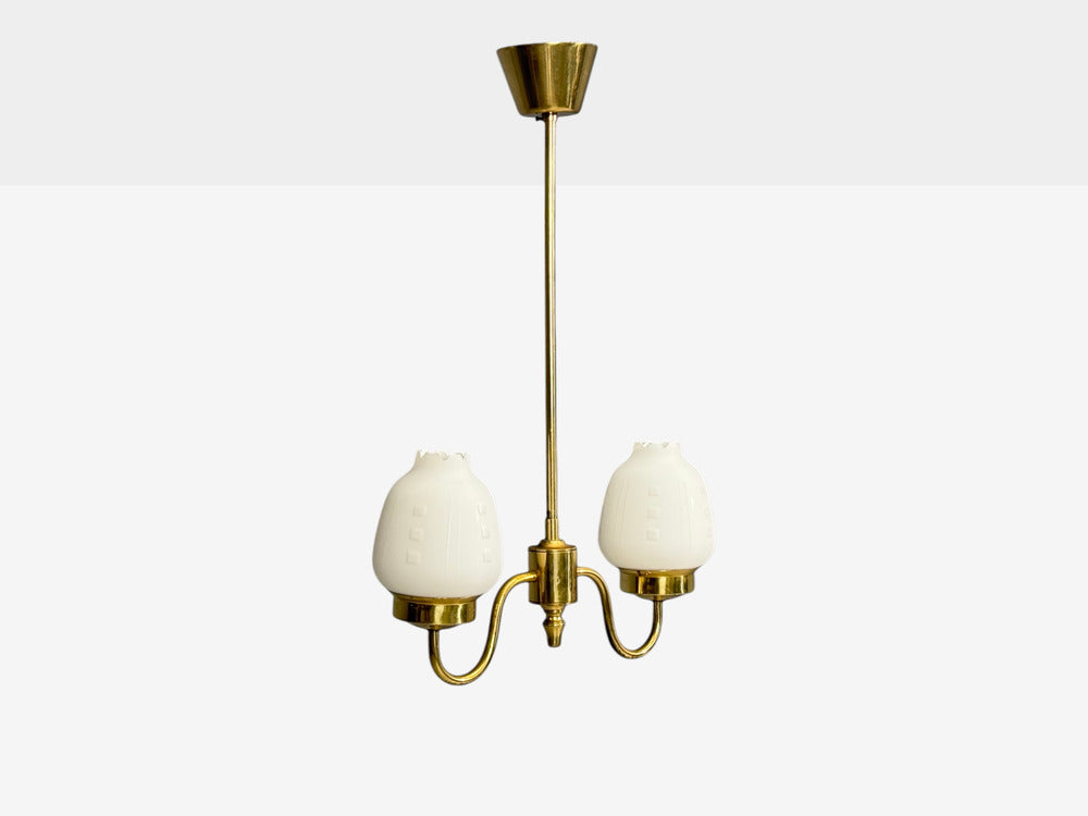Swedish Modern, Pendant Light, Etched Opal Glass, Brass, Sweden, 1950s