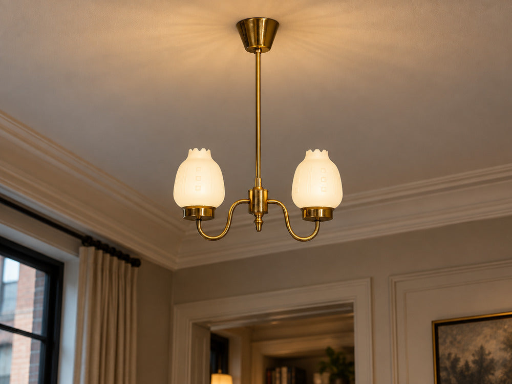 Swedish Modern, Pendant Light, Etched Opal Glass, Brass, Sweden, 1950s