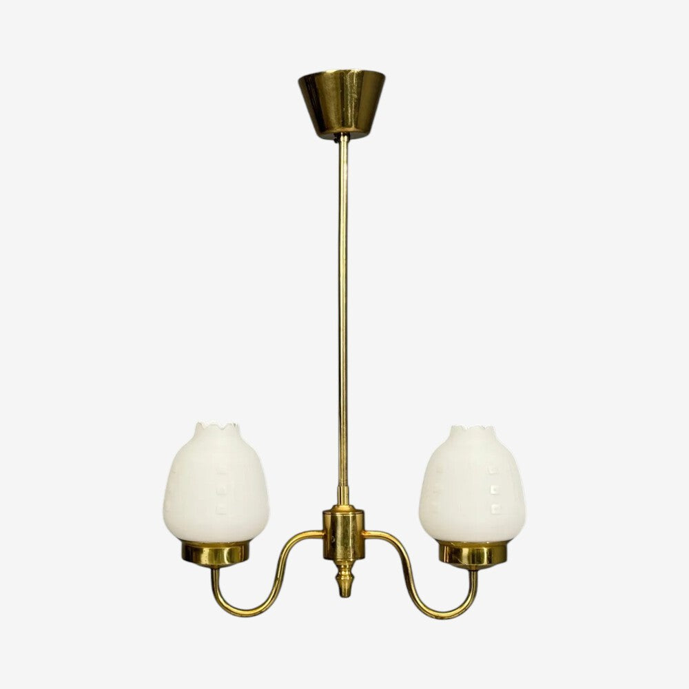 Swedish Modern, Pendant Light, Etched Opal Glass, Brass, Sweden, 1950s