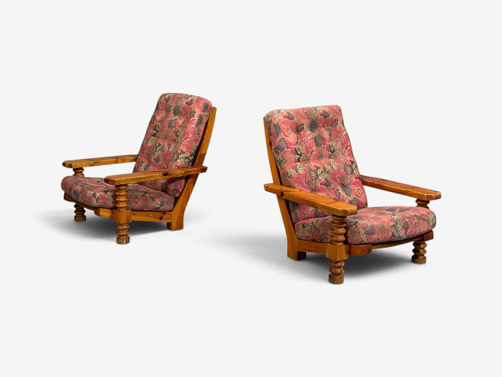 Collden, Brutalist Lounge Chairs, Pine, Fabric, Sweden, 1970s