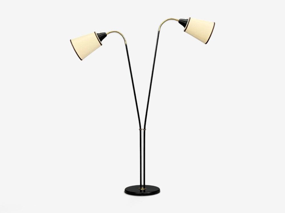 Swedish Modern, Floor Lamp, Black Lacquered Metal, Brass, Fabric, Sweden, 1960s