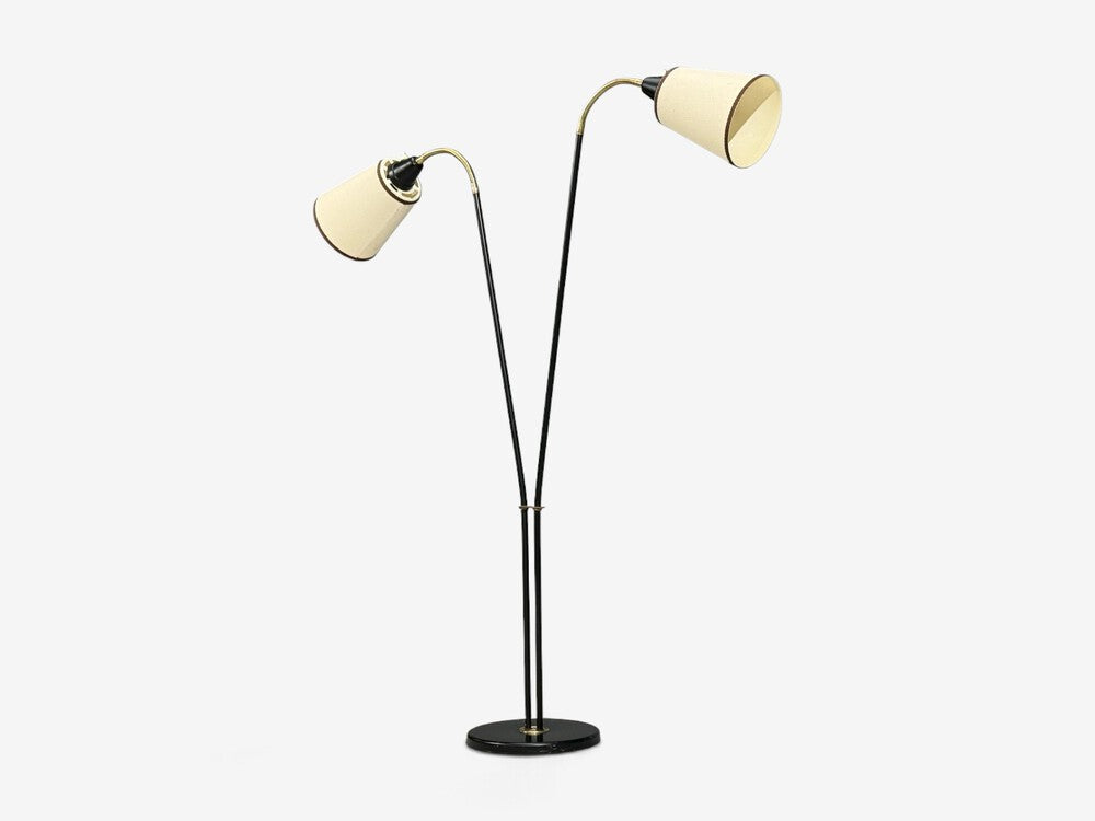 Swedish Modern, Floor Lamp, Black Lacquered Metal, Brass, Fabric, Sweden, 1960s