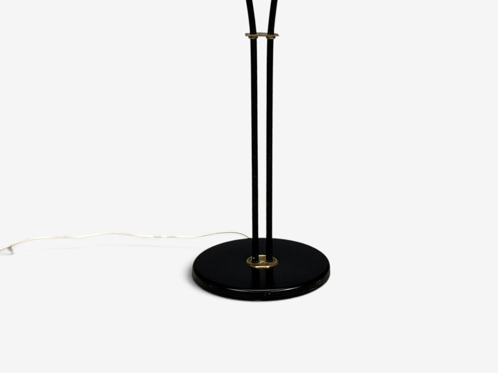 Swedish Modern, Floor Lamp, Black Lacquered Metal, Brass, Fabric, Sweden, 1960s