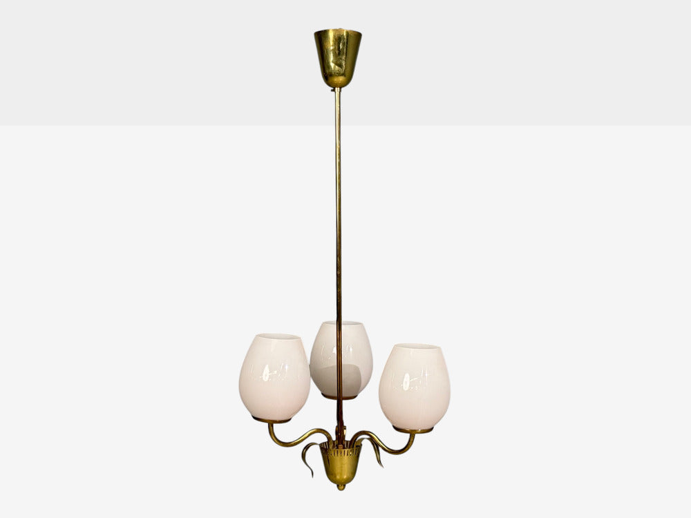 Idman, Finnish Modern, Pendant Light, Brass, Pink Tinted Glass, Finland, 1950s
