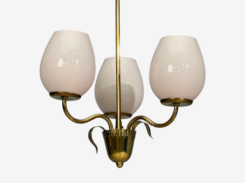 Idman, Finnish Modern, Pendant Light, Brass, Pink Tinted Glass, Finland, 1950s