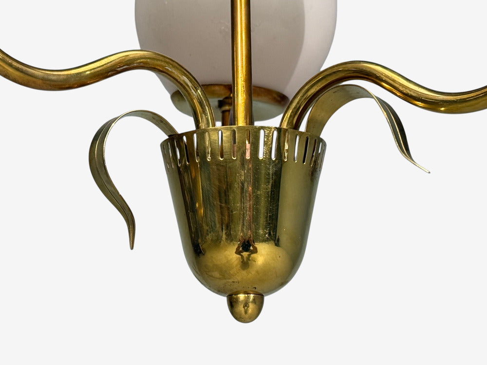 Idman, Finnish Modern, Pendant Light, Brass, Pink Tinted Glass, Finland, 1950s