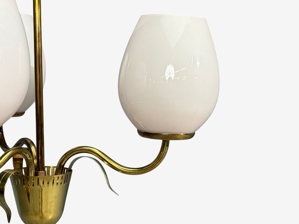 Idman, Finnish Modern, Pendant Light, Brass, Pink Tinted Glass, Finland, 1950s
