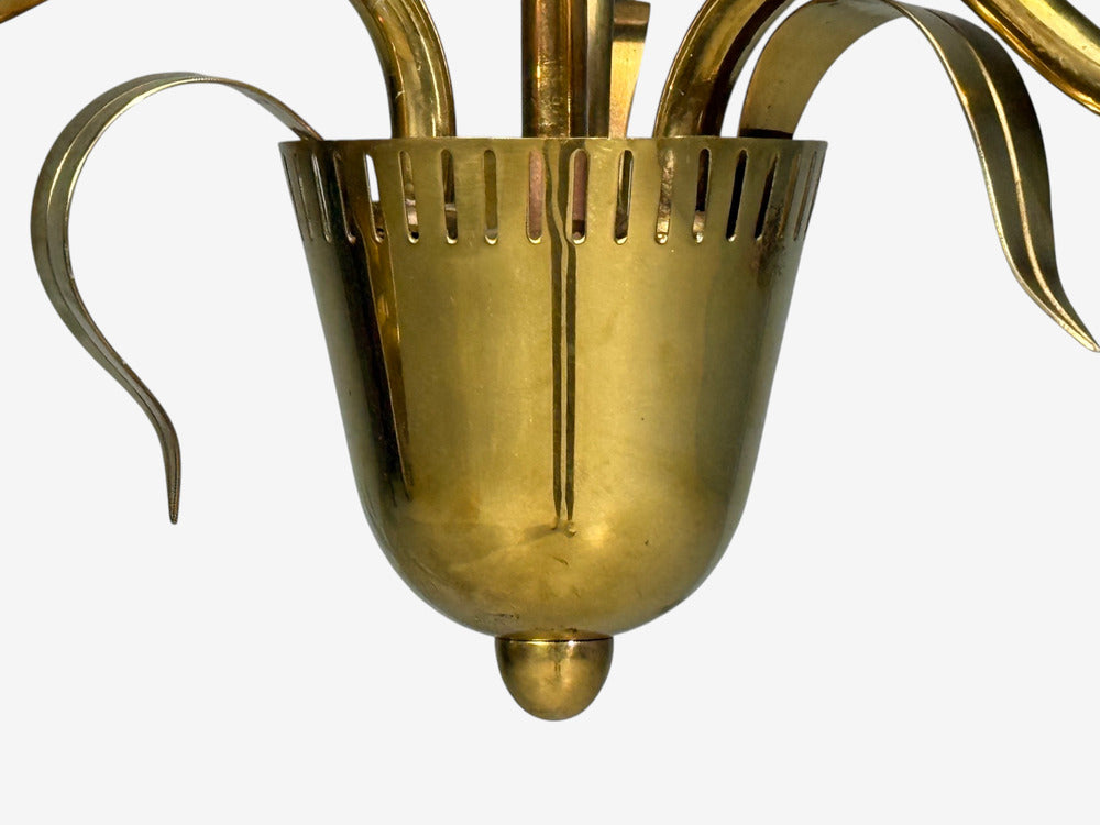 Idman, Finnish Modern, Pendant Light, Brass, Pink Tinted Glass, Finland, 1950s