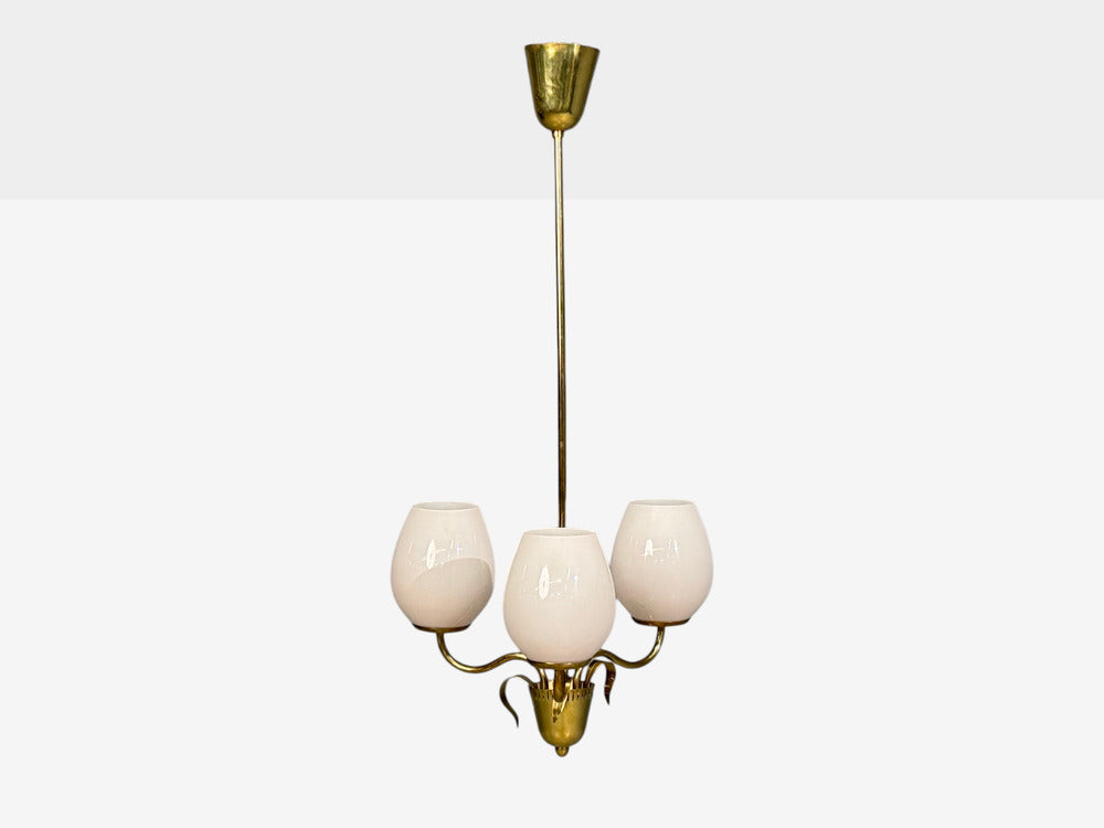 Idman, Finnish Modern, Pendant Light, Brass, Pink Tinted Glass, Finland, 1950s