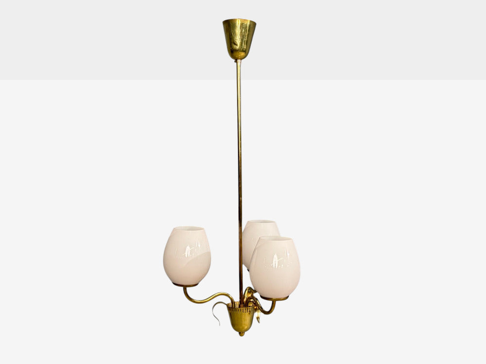 Idman, Finnish Modern, Pendant Light, Brass, Pink Tinted Glass, Finland, 1950s