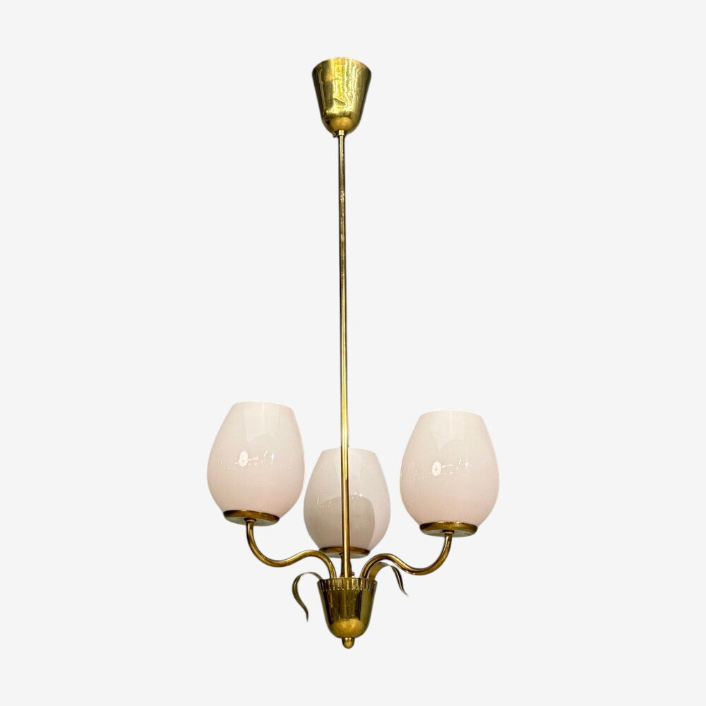 Idman, Finnish Modern, Pendant Light, Brass, Pink Tinted Glass, Finland, 1950s