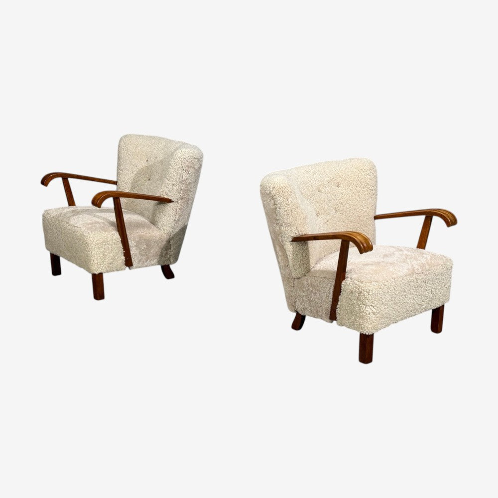 Danish Cabinetmaker, Lounge Chairs, Shearling, Beech, 1940s