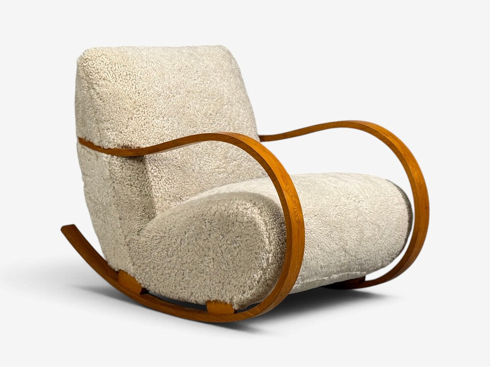Swedish Modern, Rocking Chair, Elmwood, Beige Shearling, Sweden, 1940s