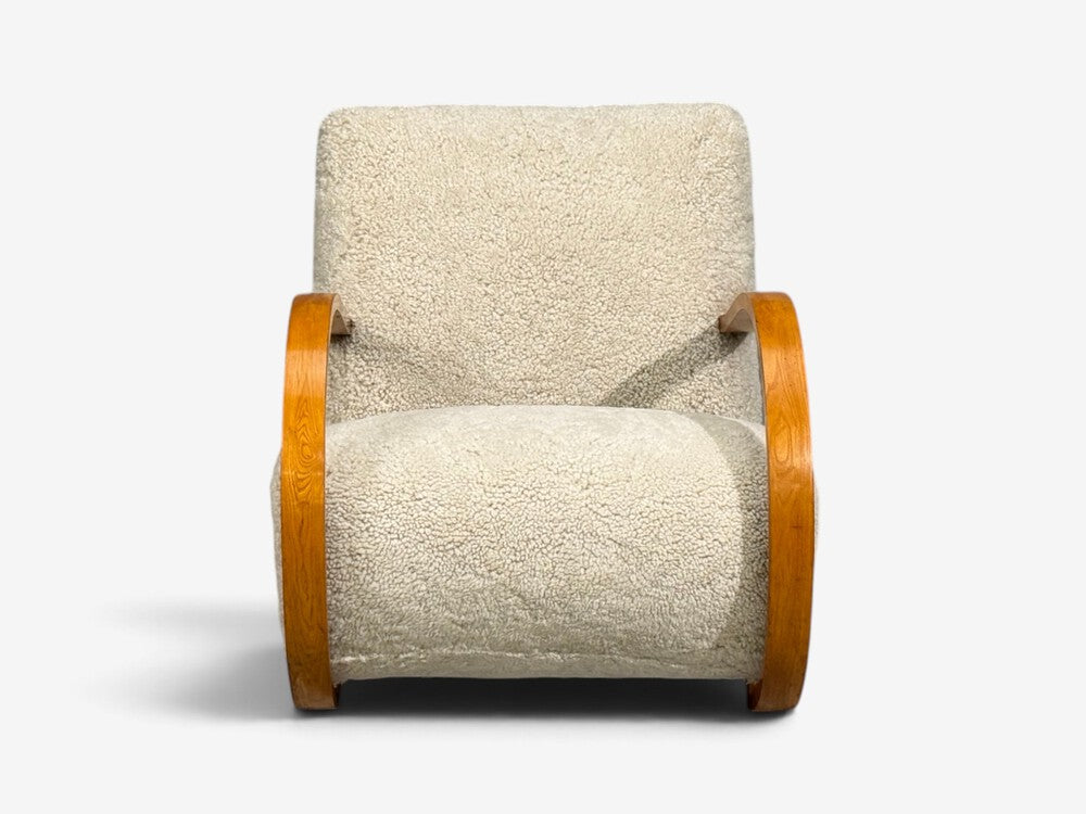 Swedish Modern, Rocking Chair, Elmwood, Beige Shearling, Sweden, 1940s