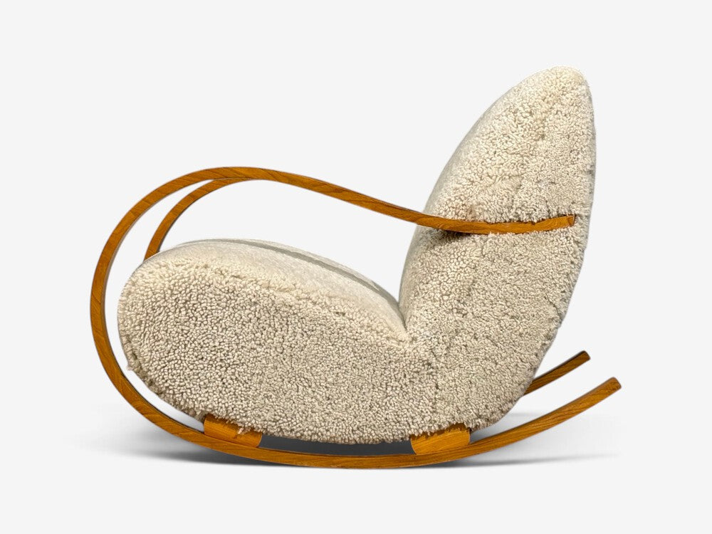 Swedish Modern, Rocking Chair, Elmwood, Beige Shearling, Sweden, 1940s