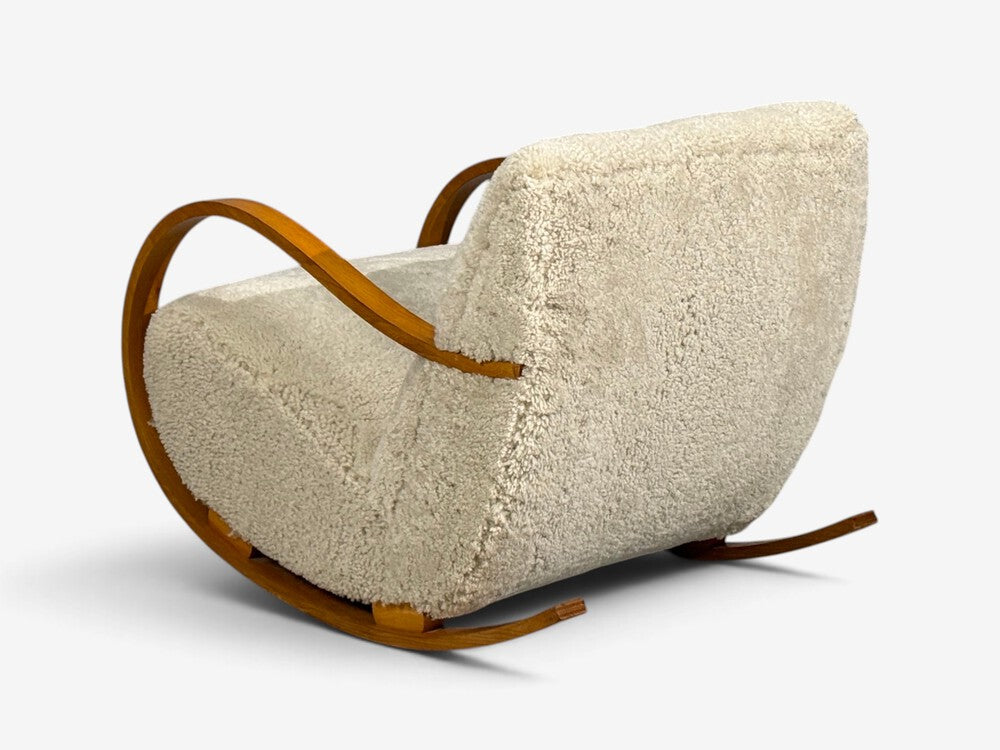 Swedish Modern, Rocking Chair, Elmwood, Beige Shearling, Sweden, 1940s