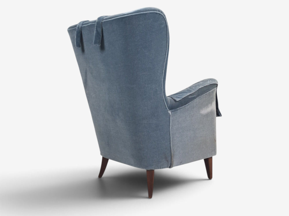 Danish Cabinetmaker, Lounge Chairs, Blue Velvet, Stained Wood, Denmark, 1950s