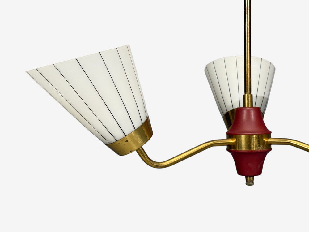 Swedish Modern, Three-Light Pendant Light, Brass, Wood, Glass, Sweden, 1950s