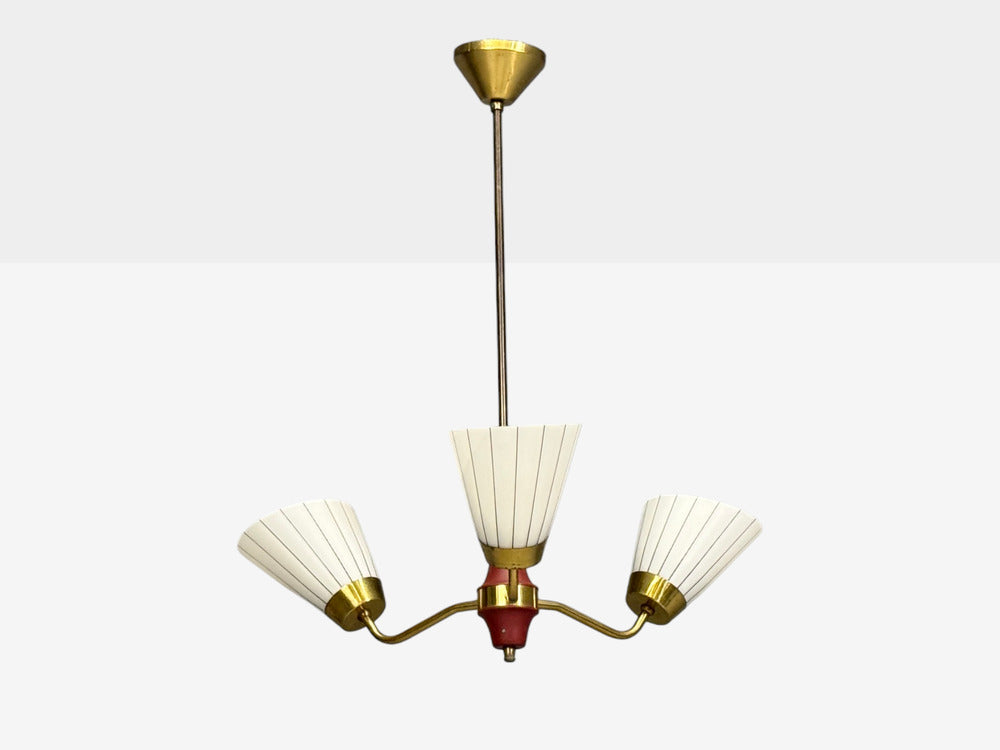 Swedish Modern, Three-Light Pendant Light, Brass, Wood, Glass, Sweden, 1950s