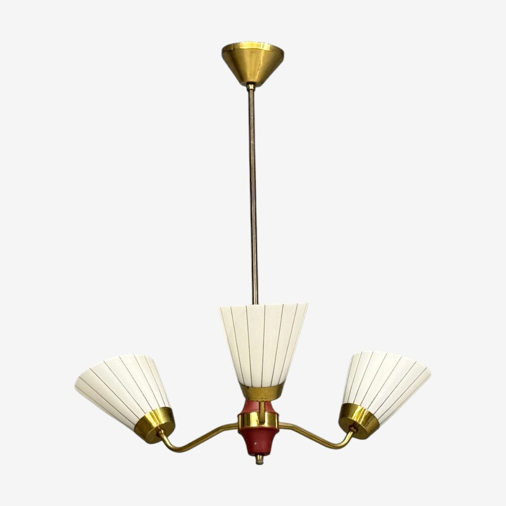 Swedish Modern, Three-Light Pendant Light, Brass, Wood, Glass, Sweden, 1950s