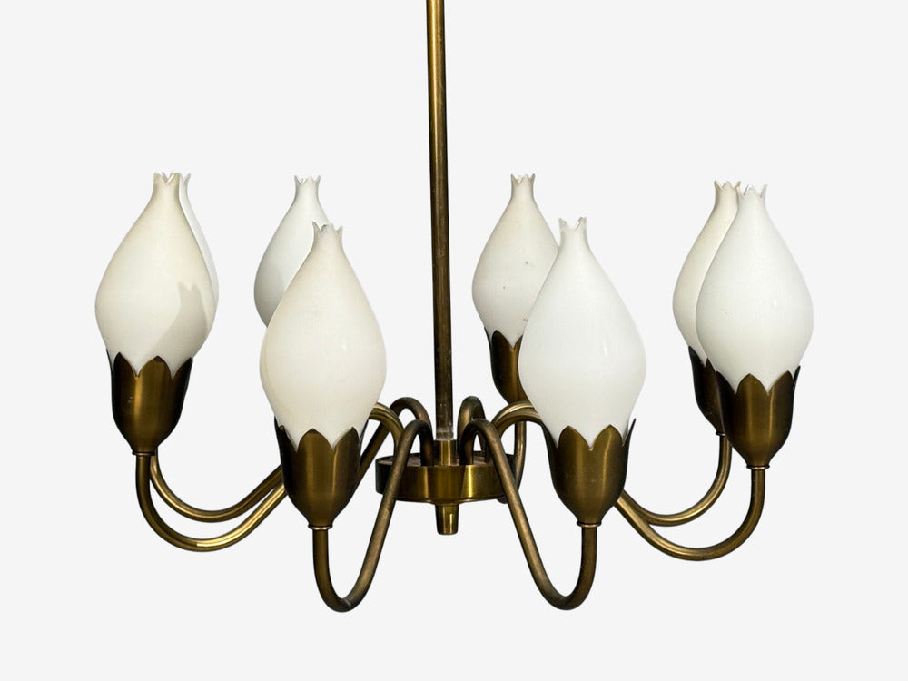 Fog & Mørup, Tulip Chandelier, Opal Glass, Brass, Denmark, 1950s