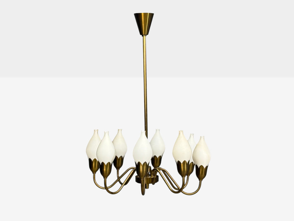 Fog & Mørup, Tulip Chandelier, Opal Glass, Brass, Denmark, 1950s