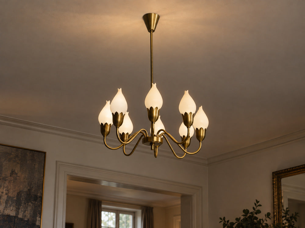 Fog & Mørup, Tulip Chandelier, Opal Glass, Brass, Denmark, 1950s