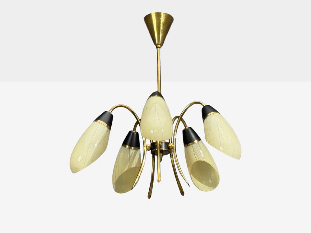 German Modern, Five-Light Chandelier, Brass, Metal, Glass, Germany, 1950s