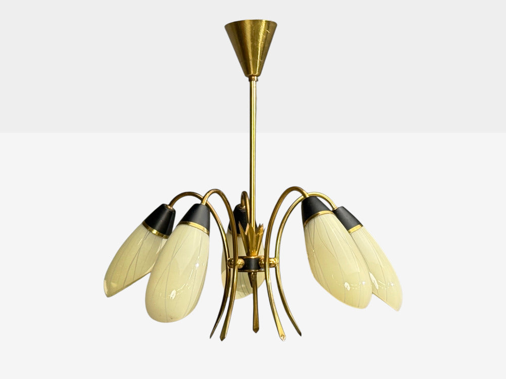 German Modern, Five-Light Chandelier, Brass, Metal, Glass, Germany, 1950s
