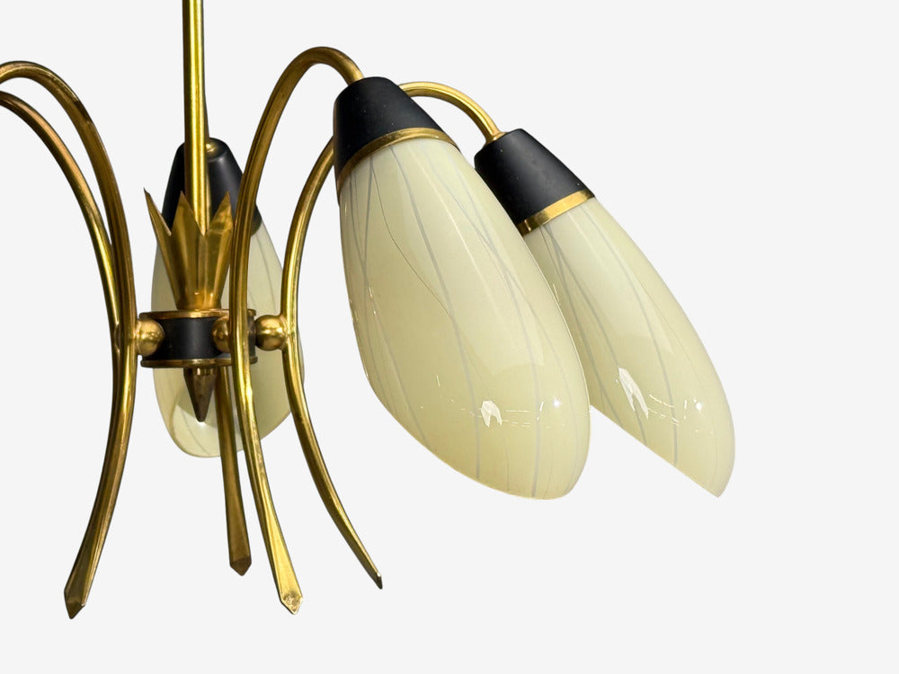 German Modern, Five-Light Chandelier, Brass, Metal, Glass, Germany, 1950s