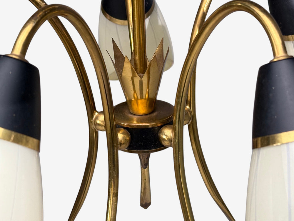 German Modern, Five-Light Chandelier, Brass, Metal, Glass, Germany, 1950s