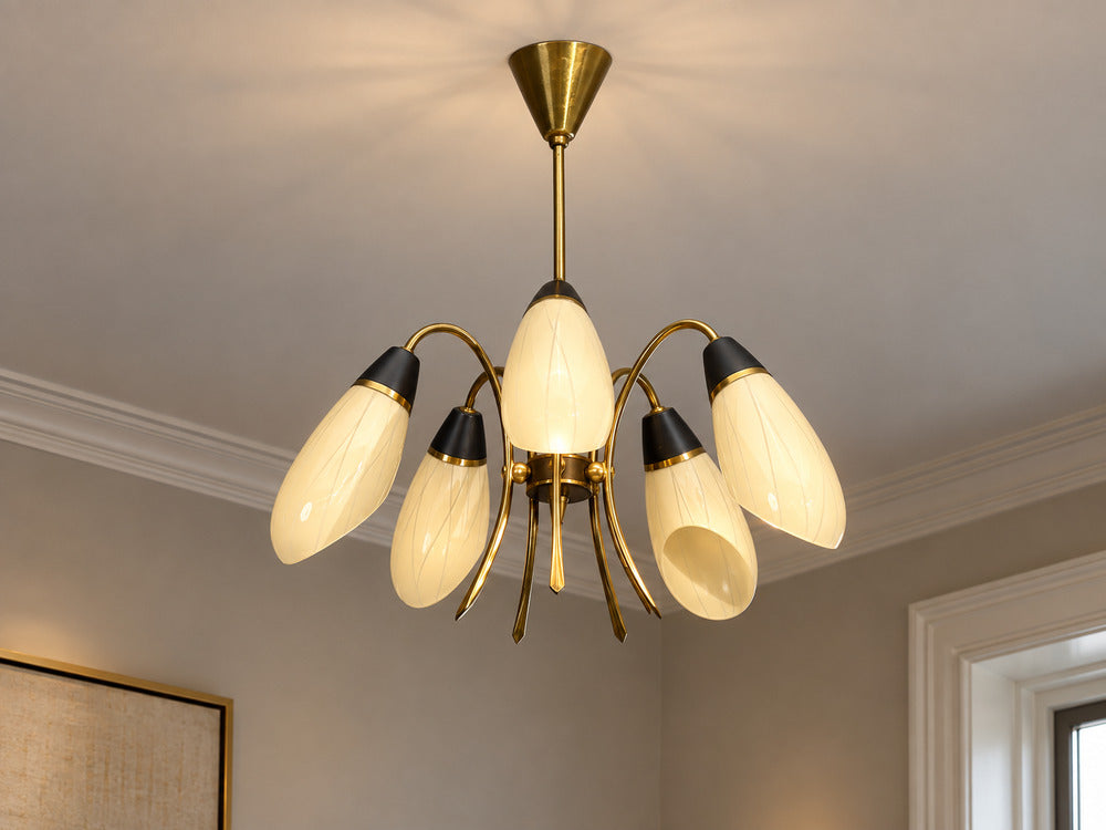 German Modern, Five-Light Chandelier, Brass, Metal, Glass, Germany, 1950s