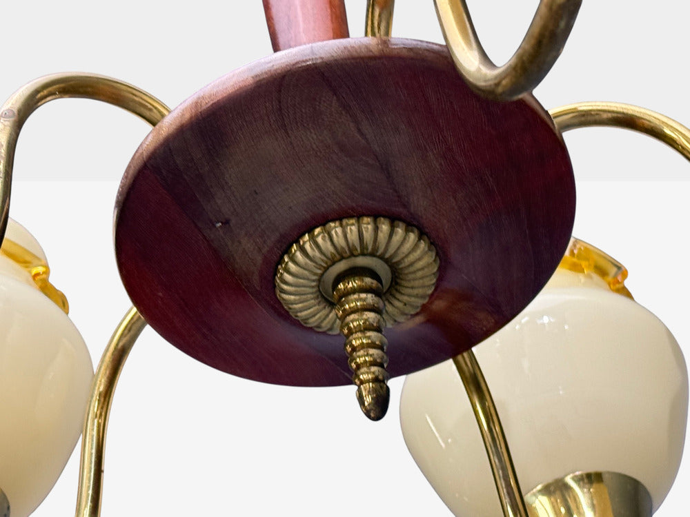 Swedish Modern, Chandelier, Brass, Wood, Yellow Glass, Sweden, 1950s