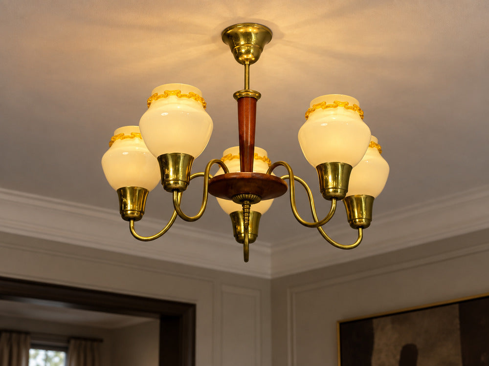 Swedish Modern, Chandelier, Brass, Wood, Yellow Glass, Sweden, 1950s