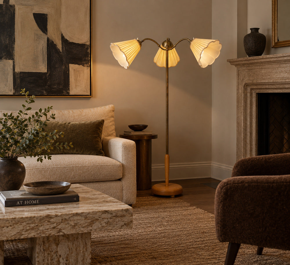 Swedish Modern, Adjustable Floor Lamp, Birch, Brass, Silk, Sweden, 1950s