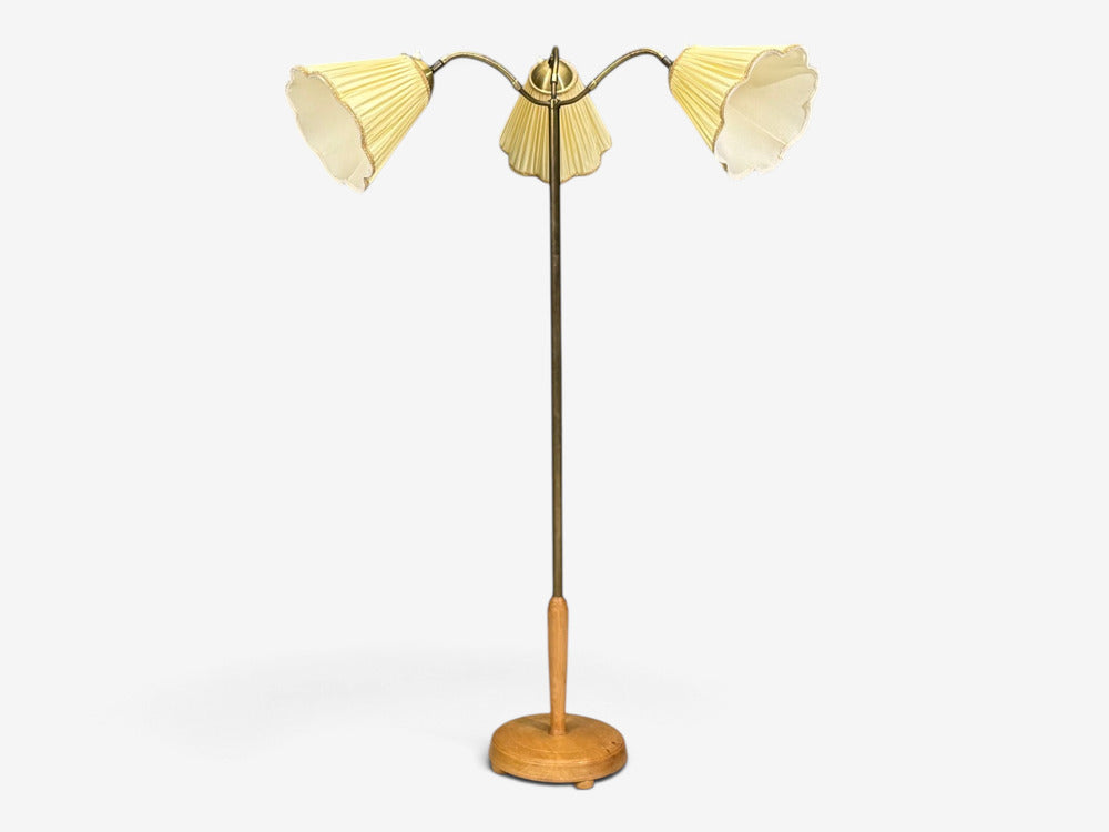 Swedish Modern, Adjustable Floor Lamp, Birch, Brass, Silk, Sweden, 1950s