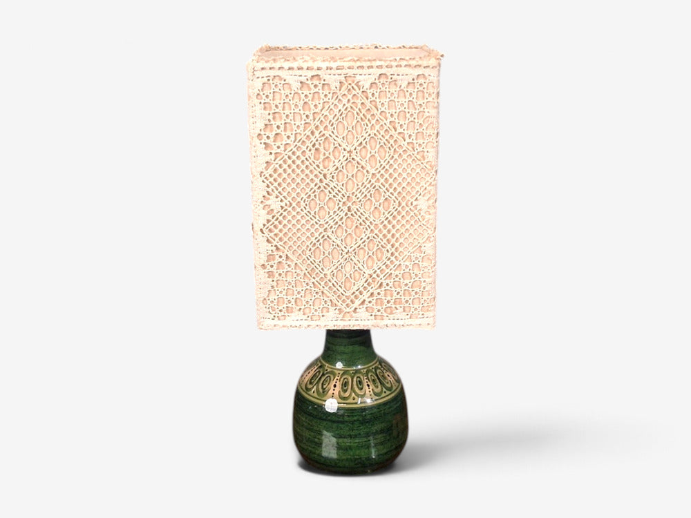 Swedish Modern, Table Lamp, Green Glazed Stoneware, Crochet Shade, Sweden, 1976