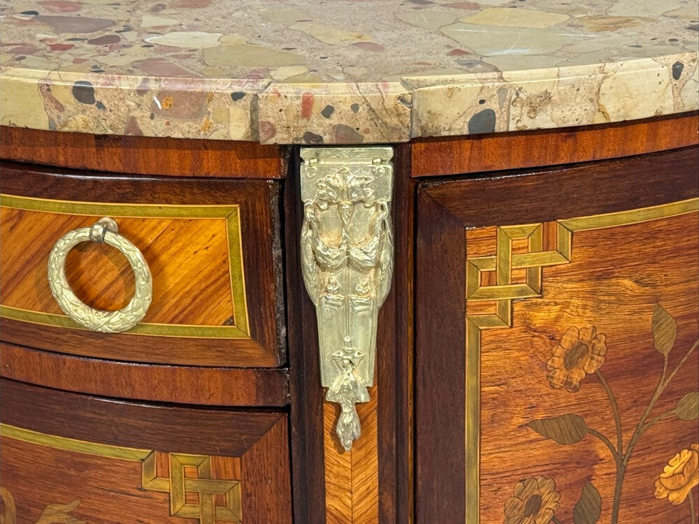 Louis XVI, Diminutive Demilune Commodes, Inlaid Wood, Bronze, France, 19th c.